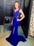 Mermaid Open Back Royal Blue Satin Prom Dress with Appliques and Slit LBQ0192